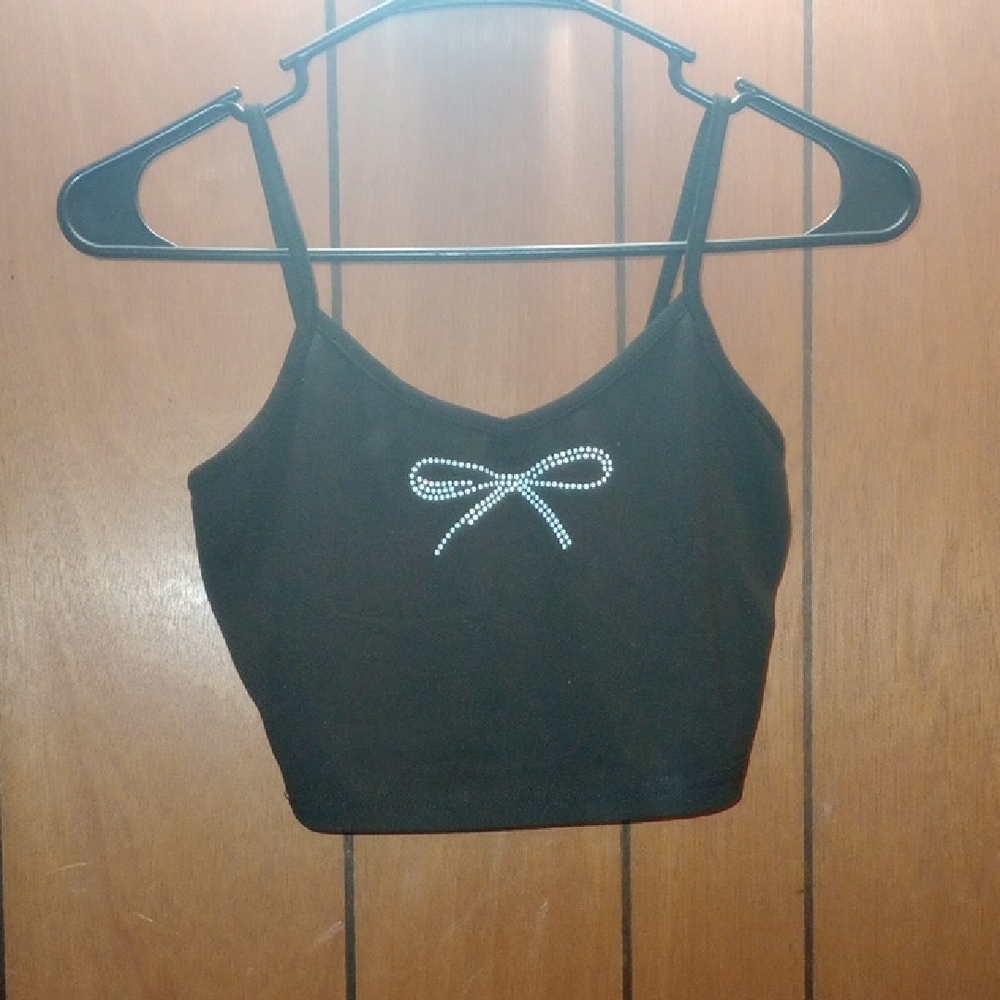 SHEIN Black Crop Top with Rhinestone Bow
